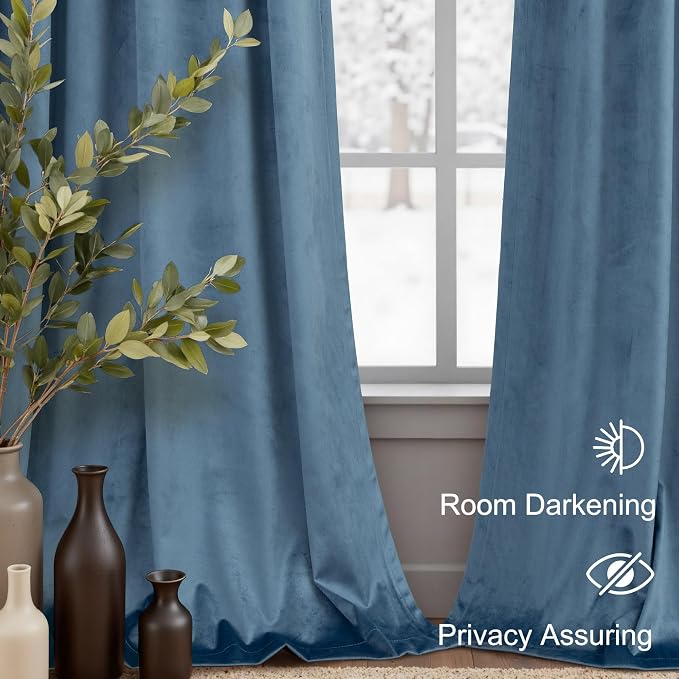 Light Blue Velvet Curtains 108 Inches Long 2 Panels for Living Room Rustic Thick Luxury Insulating Soundproof Darkening Curtain for Bedroom Patio Door 108 in Length Dusty Chambery Slate Blue Grey Gray