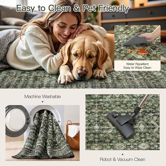 Lofus 5x8 Area Rug for Living Room,Green Washable Area Rugs with Non-Slip Backing,Soft Boho Carpets for Bedroom Dining Room Home Office Indoor Nursery