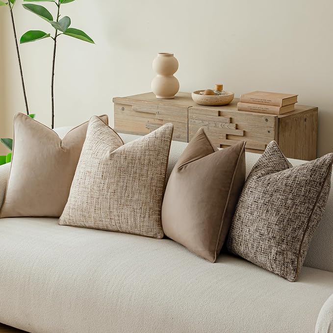 a moment Neutral Khaki Brown 4 Pack Throw Pillow Covers - Chenille & Velvet Set with Piping, Farmhouse Textured Design Pillow Cases for Couch Sofa Bed Livingroom (18x18 Inch, No Insert)