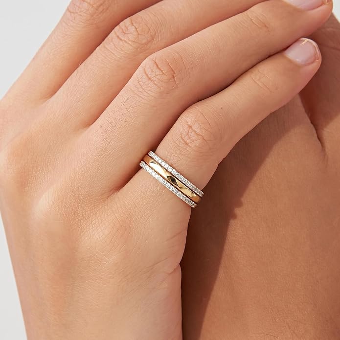 Purplepig Stackable Rings for Women Non Tarnish, Two Tone Mixed Metal Dainty Eternity Band Set, 14K Gold & Sterling Silver Plated Cubic Zirconia Hypoallergenic Wedding Thumb Pinky Rings Size 4-11
