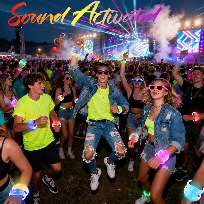 100 Pcs Sound Activated LED Glow Bracelets Light Up Bracelets for Adults Glow in the Dark Neon Birthday Party Favors