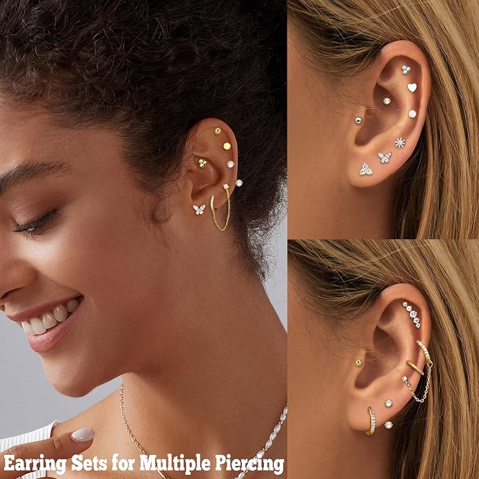 LOFITOR Gold Earrings for Women Hypoallergenic 20G Surgical Stainless Steel Flat Back Stud Earrings Dainty Stackable Earring Stacks Hoop Cartilage Earring Sets for Multiple Piercing