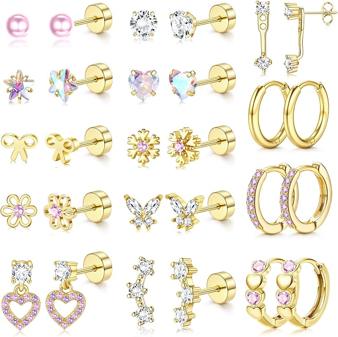 LOLIAS Hypoallergenic Flat Back Earrings for Women Girls-Surgical Stainless Steel Earrings for Sensitive Ears-Cute Flatback Stud Earring Set Small Hoops Cartilage Earring Stacks