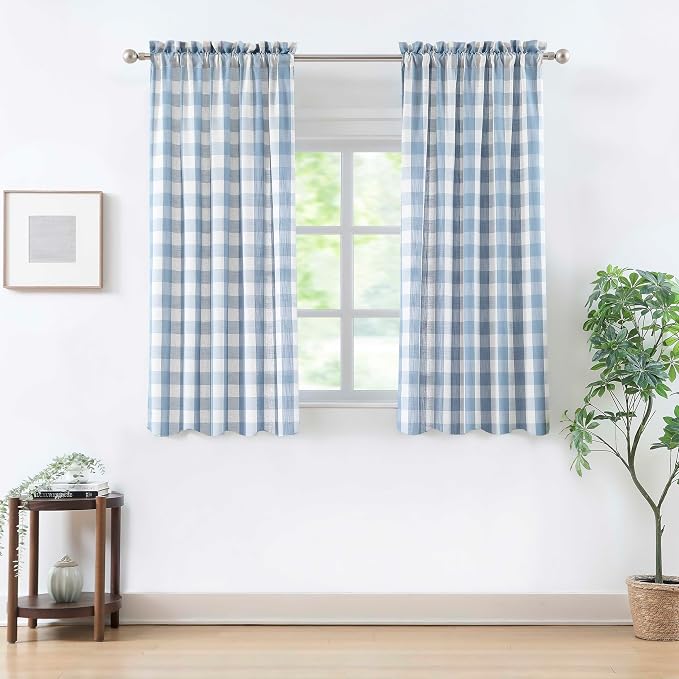 Short Beige-Dusty Blue Buffalo Plaid Curtains 54 Inches Long | Semi Sheer Buffalo Check Farmhouse Drapes,Gingham Checkered Rod Pocket Window Treatment for Bedroom Living Room,40"Wx54"Lx2