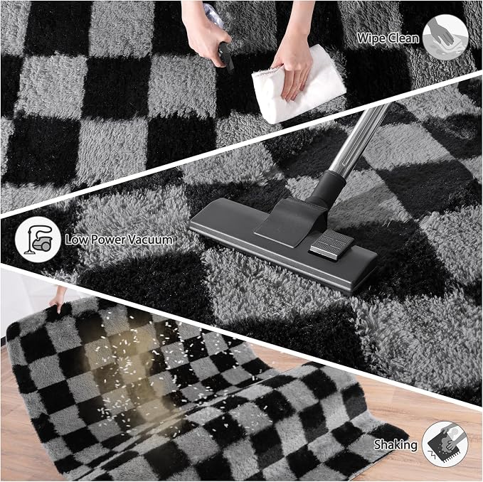 Pionblank Checkered Rug for Bedroom 4x6, Modern Shag Carpet, Soft Plush Non Slip Fluffy Rugs for Living Room Kids Room Home Decor, Black and Grey