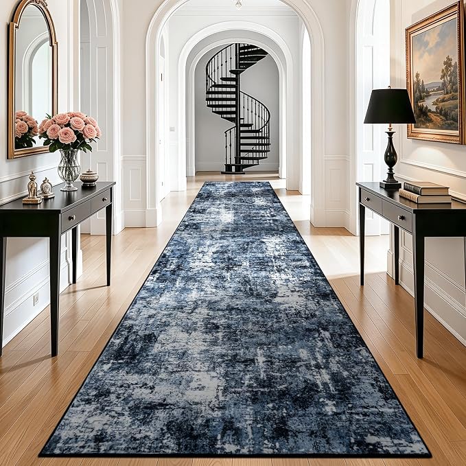 Rugflix 3x20 Runner Rug for Hallway, Washable Navy Blue Long Runners | Machine Washable; Stain-resistant; Low Pile; Non-slip; Modern Abstract; Black Carpet for Entrance Kitchen Hallway Home