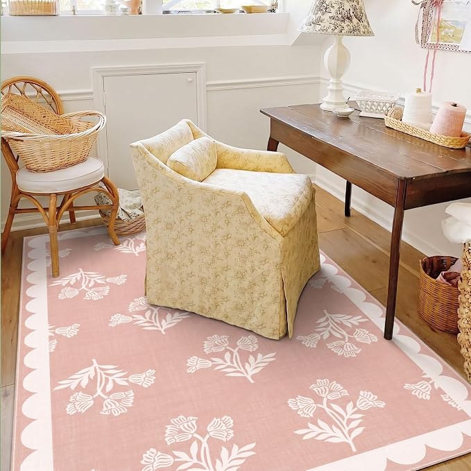 Pink 4x6 Area Rugs for Bedroom Girls - Soft Washable Boho Living Room Rug Non Slip Entry Rug Cottage Farmhouse Scalloped Rugs for Living Room Nursery Kids Room Playroom Kitchen Dorm