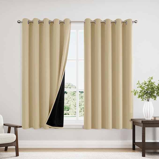 ChrisDowa 100% Blackout Curtains for Bedroom 63 Inches Long 2 Panels Set | 2 Thick Layers, Thermal Insulated, Light Blocking, Grommet, Window Treatment, Living Room Drapes, Beige, 60 x 63 Inch