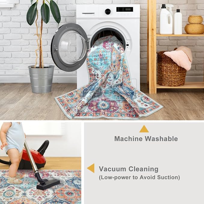 Mandala - Indoor Area Rugs 4x6 Washable, Stain Resistant Machine Washable Rugs for Living Room, Bedroom, and Modern House Décor - Durable Polyester Material, Colorful Patterned - Orange & Multi