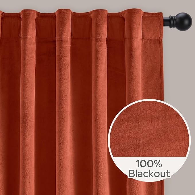 HOMEIDEAS 100% Blackout Burnt Orange Velvet Curtains, Thermal Noise Reduction Luxury Vintage Christmas Velvet Curtains for Bedroom Decor, Living Room, Home, 52 X 96 Inch, 2 Panels