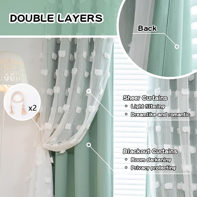 MYSKY HOME Green Blackout Curtains 84 Inches Long for Living Room Decor Kids Curtains for Boys Bedroom Double Layer Drapes White Pom Pom Sheer Back Tab Room Darkening, Aqua, 52 x 84 Inch 2 Panels