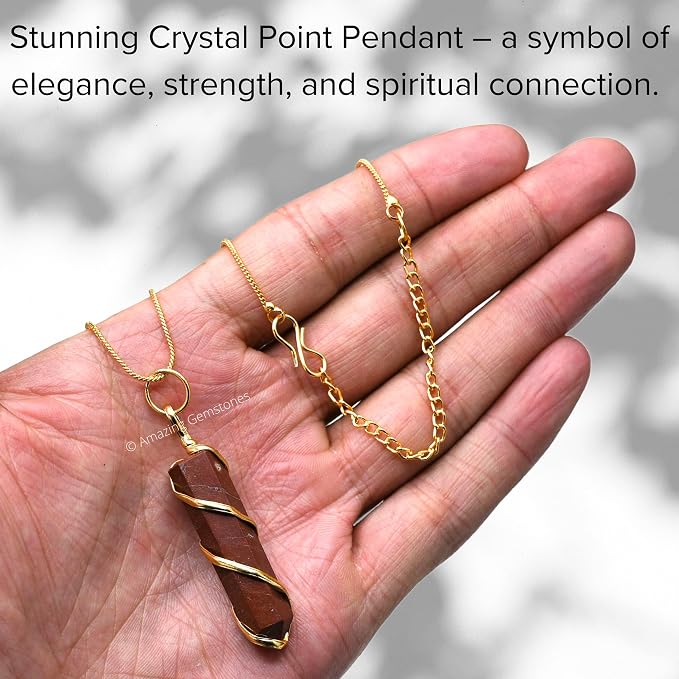 Amazing Gemstone Red Jasper Crystal Necklace Pendant For Women, Gold Wire Wrapped Dainty Minimalist Healing Crystal Necklaces For Men Unisex Necklace Jewelry Adjustable Chain & Leather Cord