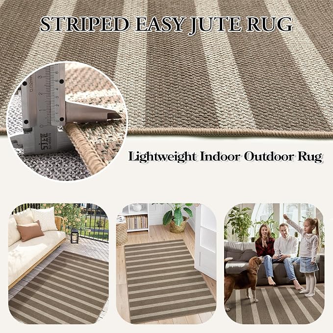 Lahome Striped Easy Jute Outdoor Patio Rug, 3x5 Washable Rugs for Porch | Indoor Living Room Area Rugs Non Slip, Modern Farmhouse Neutral Carpet for Entryway Backyard Bedroom Rv, Khaki