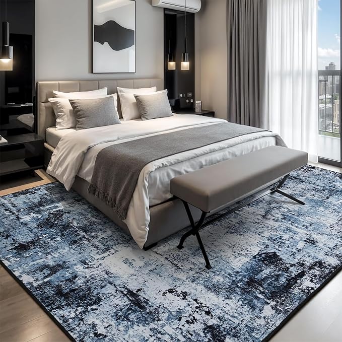 Rugflix 8x12 Area Rugs for Living Room, Washable Large Rug Stain-Resistant Low Pile, Modern Dark Carpet for Dining Room Home Office Kid Room Nursery Bedroom, Navy Blue/Black