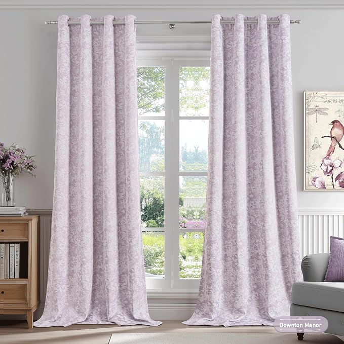 Beauoop Purple Floral Jacquard Blackout Curtains for Bedroom 52x63 2 Panels | Flower Chenille Room Darkening Drapes for Living Room 63 Inch Long Thermal Insulated Soundproof Window treatment Grommet