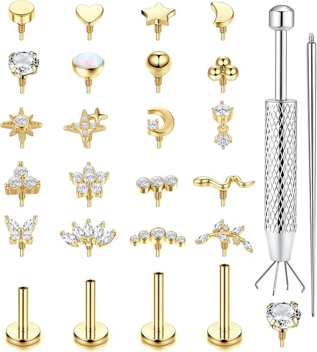 Flat Back Stud Earrings for Women Hypoallergenic Surgical Steel Internal Thread CZ Stud Piercing Jewelry for Tragus Helix Conch Cartilage 14K Gold/Silver Plated Nose Lip Labret Medusa Piercing 16G 18G