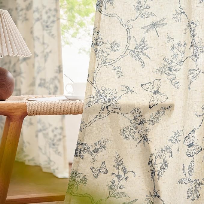 Lazzzy Charlotte Blue Floral Linen Farmhouse Curtains 96 Inches Long Back Tab Drapes for Living Room Bedroom Light Filtering Country Vintage Rod Pocket Curtains,2 Panels, Blue on Beige