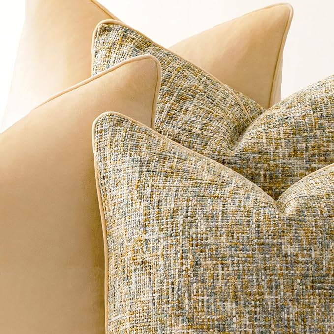 a moment Yellow 4 Pack Throw Pillow Covers - Chenille & Velvet Set with Piping, Farmhouse Textured Design Pillow Cases for Couch Sofa Bed Livingroom (20x20 Inch, No Insert)
