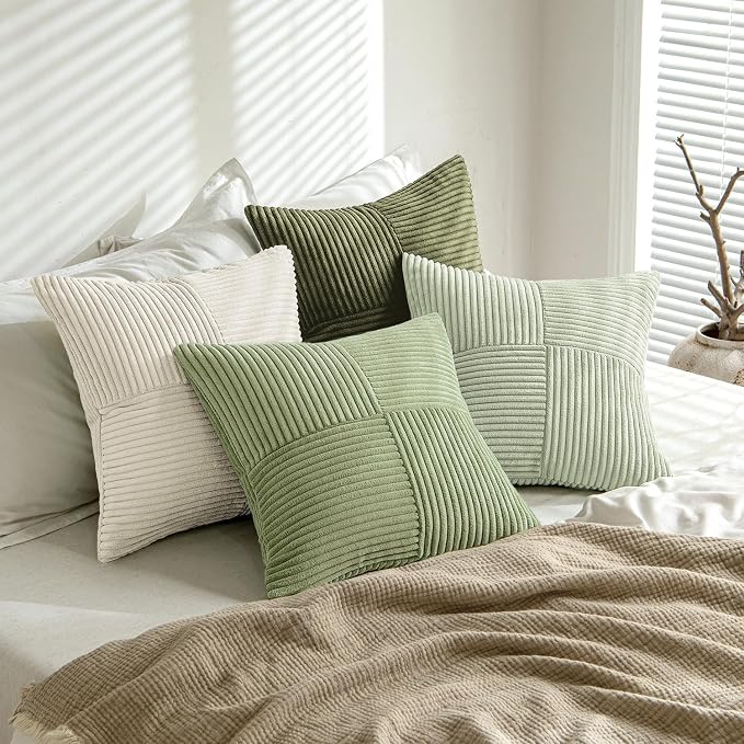 MIULEE Summer Light Green Decorative Throw Pillow Covers 18x18 Inch Set of 4 Boho Farmhouse Cushion Covers Mordern Classic Pillow Cases Soft Corduroy Gradient Home Decor for Couch Sofa Living Room Bed