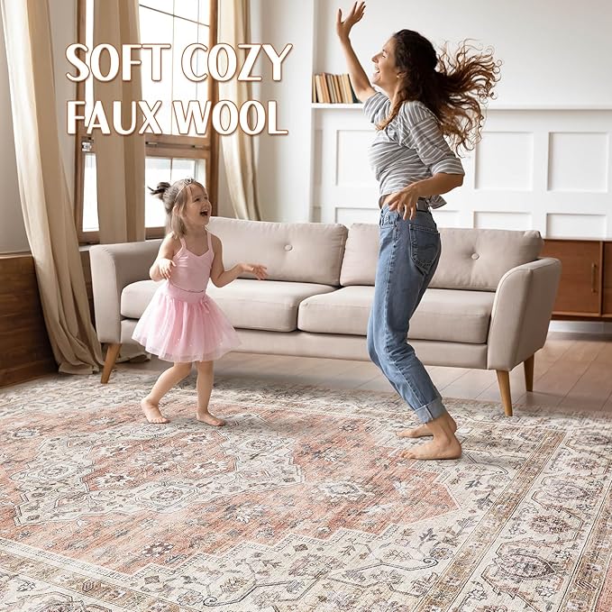 7x10 Area Rug Living Room: Washable Boho Large Neutral Vintage Soft Rug Stain Resistant Farmhouse Non-Slip Indoor Floor Retro Carpet for Bedroom Nursery Kids Office Dining Room- Pink Brown