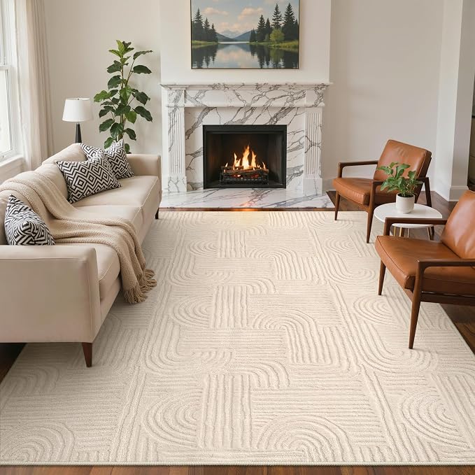 GENIMO Soft Washable Area Rugs 6x9, 3D Modern Arch Pattern Living Room Rug, High-Low Pile Textured Non Slip Fuzzy Carpet, Non-Shedding Stain Resistant Beige Rugs for Bedroom, Dining Room, Nursery