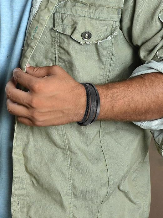 Mens Leather Cross Bracelet Multilayer Braided Wristband Bangle Bracelets with Stainless Steel Buckle Religious Gift for Men Brown/Black/Blue–8.3 inch