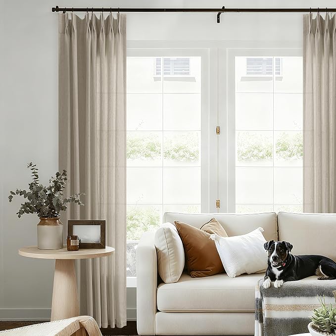 90 Inch Pinch Pleat Curtains Ceiling to Floor Linen Burlywood Birch | Taupe, Light Filtering Semi Sheer, Window Curtain, for Living Room Bedroom, Memory Trained, Boho Drapes, with Hooks Rings