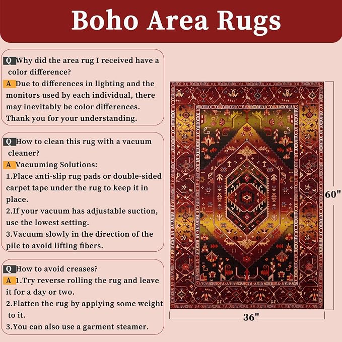 SERISSA Area Rug 3x5 Boho Rugs for Bedroom, Washable Non-Slip Living Room Rug, Ultra Soft Print Distressed Vintage Rustic Red Gold Rug Low-Pile Throw Carpet for Entry Kitchen Bedroom Nursery Dorm