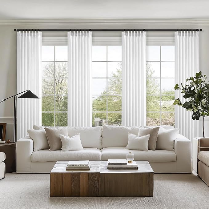 Topfinel Beige White Pinch Pleated Semi Sheer Curtains Textured Linen Blended Light Filtering Window Curtains 94 inch for Living Room Bedroom Pinch Pleat Drapes with Hooks 2 Panels 40" Wx94 L