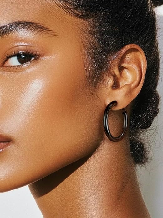 Stainless Steel Chunky Hoop Earrings For Women, Minimalist and Chic, Black/Gold Plated, Round Hoops Earrings Hypoallergenic, Size: 30mm/40mm/60mm/80mm, Come with Box