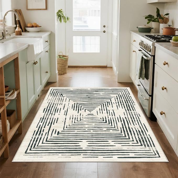 BLISSA 4x6 Washable Area Rug - Soft Modern Throw Rugs for Living Room Non-Slip Ultra-Thin Black White Abstract Striped Geometric Rugs for Bedroom Dining Room Entryway Foyer Nursery Dorm Mudroom Carpet
