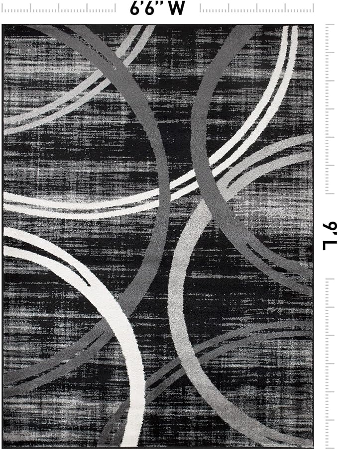 Rugshop Wavy Circles Modern Fade-Resistant Area Rug Black 6'6" x 9'