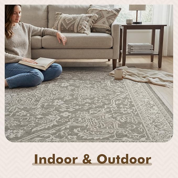 MontVoo-Outdoor Rug-Patio Rug 8x10 Polypropylene Indoor Outdoor Rugs Carpet for Patio Deck Balcony Porch, Textured Weave, Durable for High Traffic, Fade-Resistant, Vintage Medallion Silver Grey