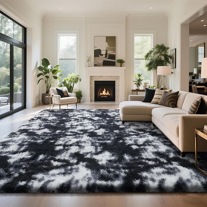 yongyangjuxin Fluffy Rug Shag Area Rug, Mottling Black 8x10 Area Rugs for Living Room, Large Shag Area Rugs for Bedroom Room Home Decor, Upgrade Anti-Skid Rectangular Fuzzy Rugs
