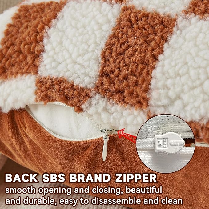 AmHoo Pack of 2 Decorative Throw Pillow Covers Checkerboard Luxury Super Soft Faux Fur Wool Set Case Cushion for Couch Sofa Bedroom 18 x 18-Inch Burnt Orange