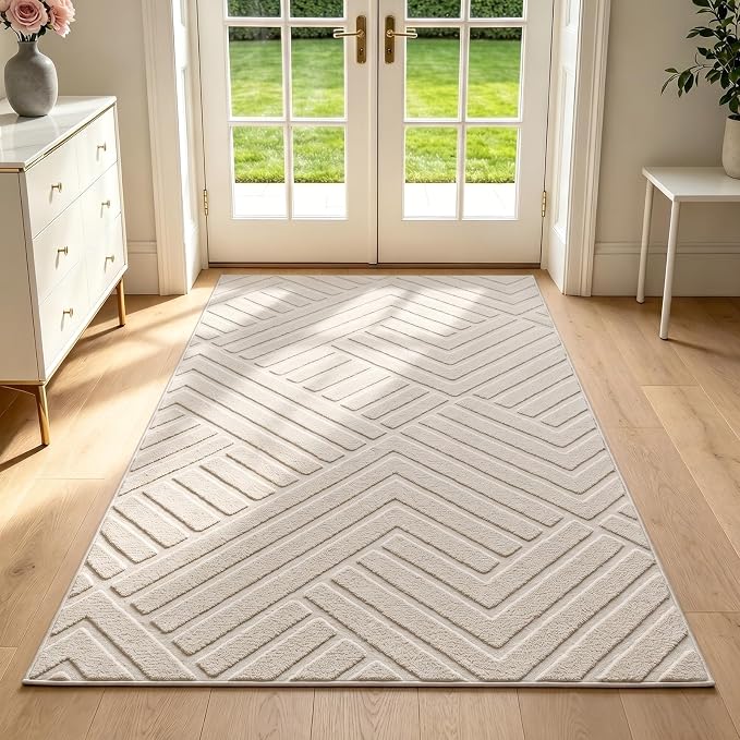 Bsmathom 3x5 Washable Area Rug, Boho Neutral Modern Soft Carpet Mat, Beige | Machine Washable, Low Pile Fluffy Plush, Non-slip, Geometric Textured, For Living Dining Kids Room Bedroom Indoor Dorm