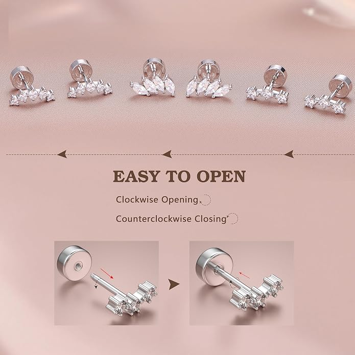 14K Gold Plated Solid 925 Sterling Silver Post Flat Back Earrings Stud | Cartilage Helix Conch Tragus Piercing Jewelry 3 Pairs Tiny Screw Dainty CZ Opal Earring Set Men Women