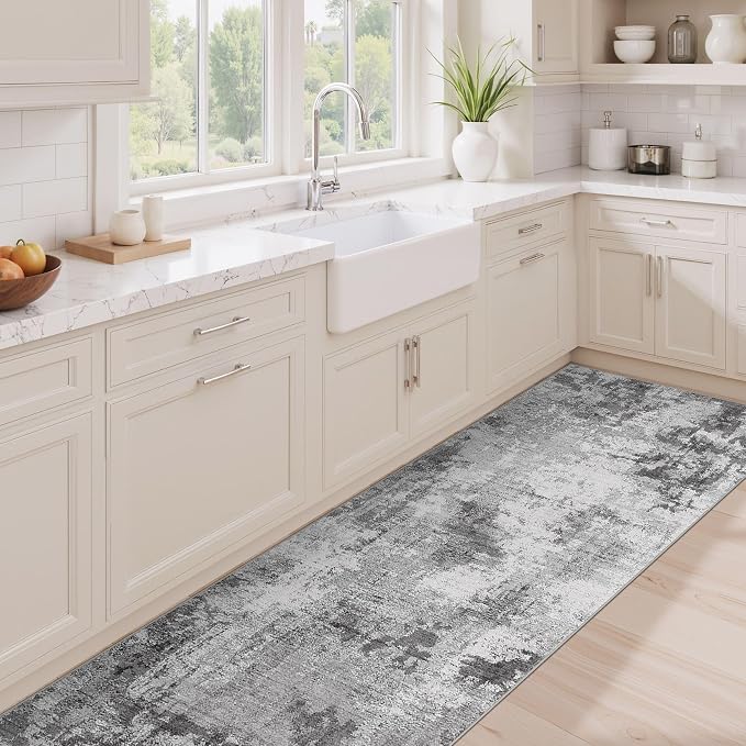 Abstract 2x8 Runner Rug: Machine Washable Non Slip Ultra Thin Low-Pile Carpet, Soft Stain Resistant for Hallway Kitchen Bathroom, Kid Pet Friendly, Robot Vacuum Compatible - Grey