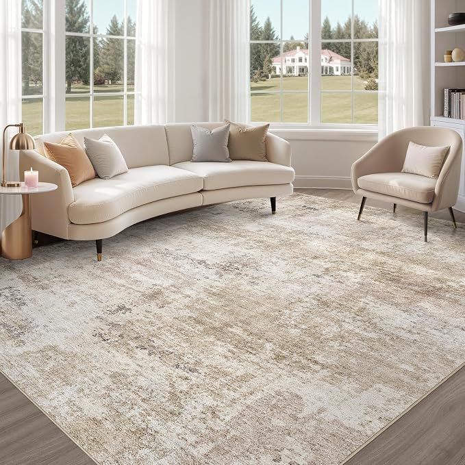 Abstract 8x10 Area Rug: Machine Washable Non Slip Ultra Thin Low-Pile Carpet, Soft Stain Resistant for Living Dining Room Bedroom, Kid Pet Friendly, Robot Vacuum Compatible - Brown