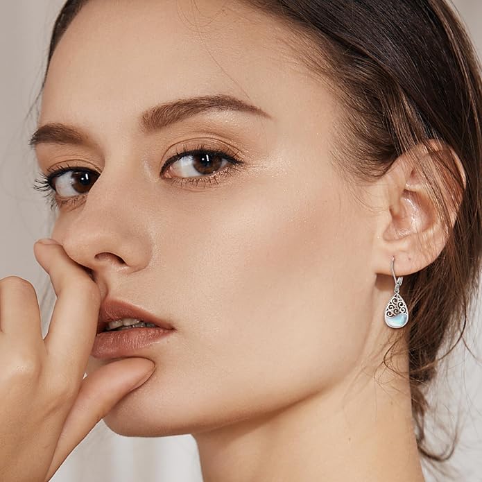 Filigree Teardrop Dangle Earrings Sterling Silver Filigree Moonstone Leverback Earrings Jewelry for Women