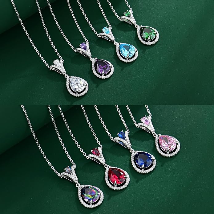 Birthstone Necklace 925 Sterling Silver Tear Drop 5A Cubic Zirconia Pendant Necklace Jewelry Birthday Gifts for Women