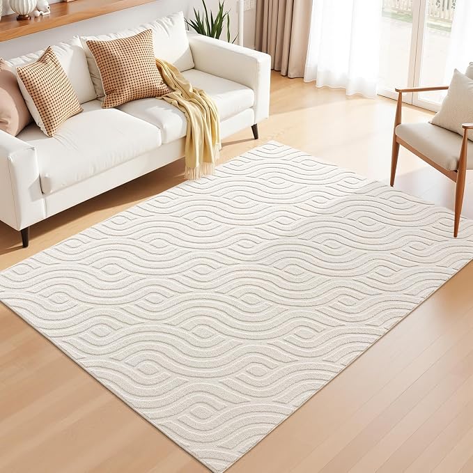 SHACOS 3x5 Soft Area Rugs for Living Room Beige Solid Color Fluffy Rug for Bedroom Non Slip Washable Indoor Mat Floor Carpet for Kids Room Nursery Bathroom, High-Low Pile Boho Modern Rug