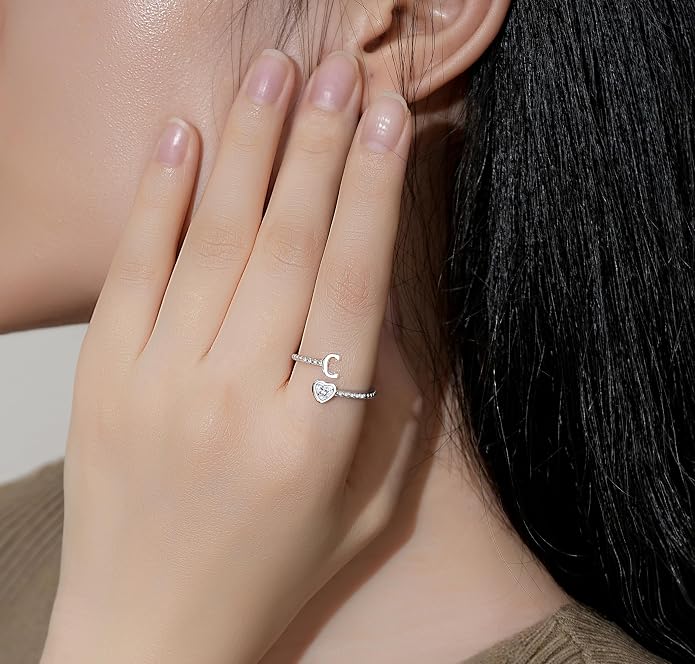 Step Forward 925 Sterling Silver Adjustable Initial Ring for Women | Non Tarnish Letter Rings for Lady | Alphabet Heart Thumb Rings | Capital Letter Jewelry Gifts