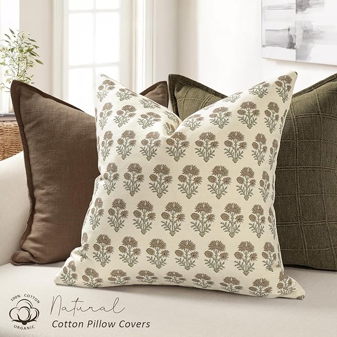Farmhouse Floral Pillow Covers 20x20 Set of 2, Country Botanical Throw Pillow Cover for Sofa Couch Bed Living Room, Earthic Vintage Flower Cushion Covers Cottage Home Decor,Earth Meadow
