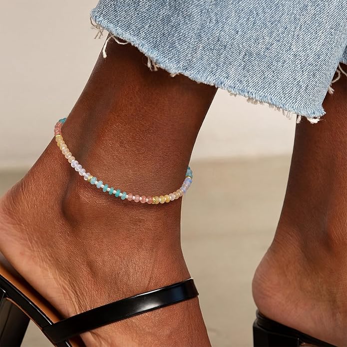 KissYan Beaded Ankle Bracelet for Women, Colorful Natural Gemstone Anklet, Waterproof Handmade Beach Summer Jewelry Gifts