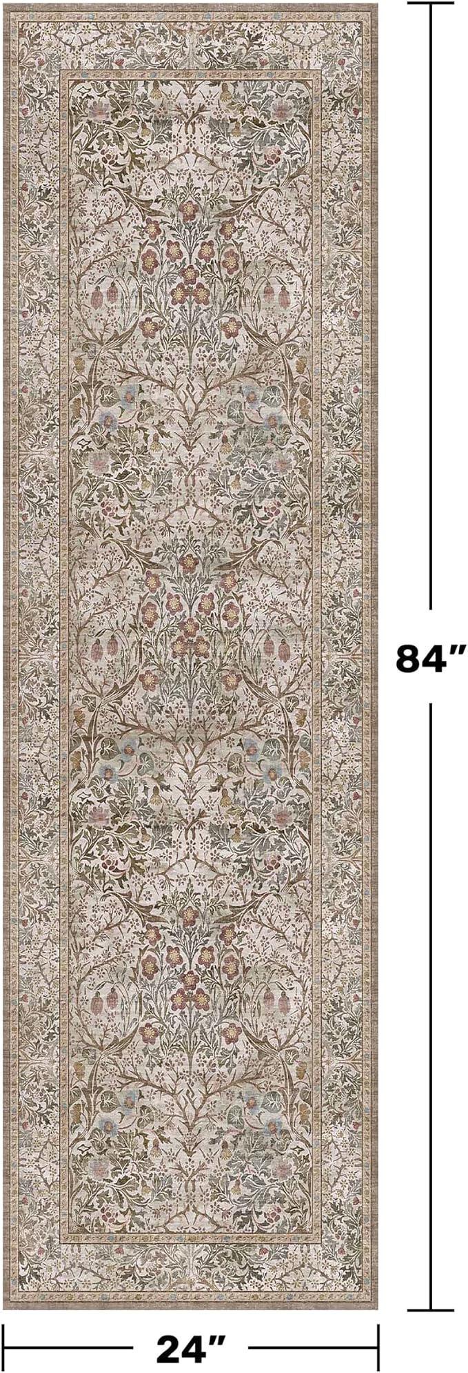 Hazo Haus Non Slip 2x7 Moss Green Hallway Runner - Long Runner Rugs for Bathroom, Washable Kitchen Floor Mat, Bedroom Bedside - Brown Earthy Vintage Floral Décor