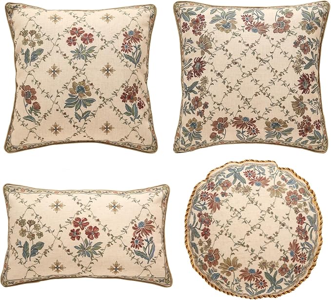 patdrea French Vintage Linen Throw Pillow Cover,Set of 4-Audrey | Decorative Pillow Case with Zipper,Brown Floral Pattern,Pillow Cover for Couch Living Room Bedroom Sofa