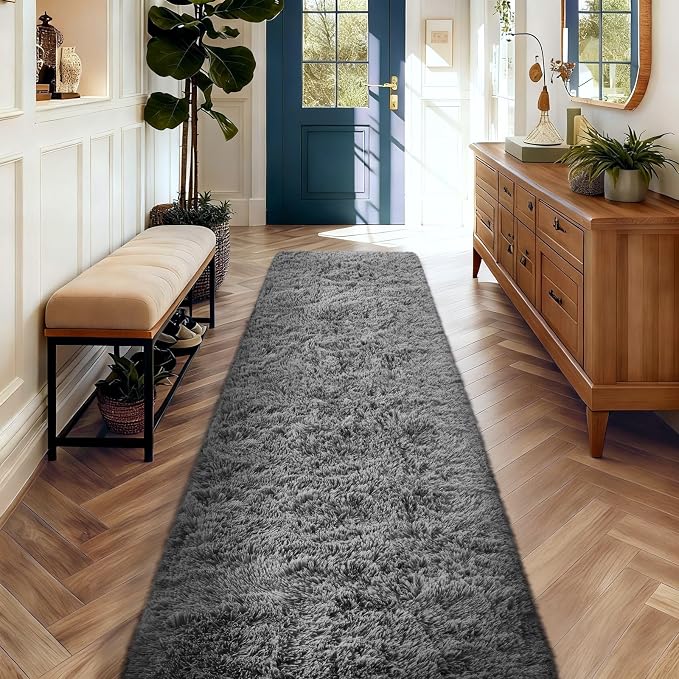 Ophanie 2x10 Runner Rug for Hallway,Upgrade Non-Slip Fluffy Soft Bedside Rugs,Bedroom Living Room Grey Shaggy Gray Carpet for Kids Girls Boys Dorm Nursery Decor Aesthetic with Over 99 pcs Pile fibers