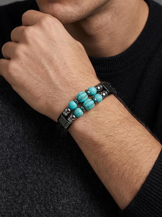 Black Braided Leather Bracelet for Men with Turquoise, Lapis Lazuli, Tiger Eye, Obsidian Stone Double-Row Wristband Beads with Stainless Steel Clasp Fashion Jewelry Gift for Him