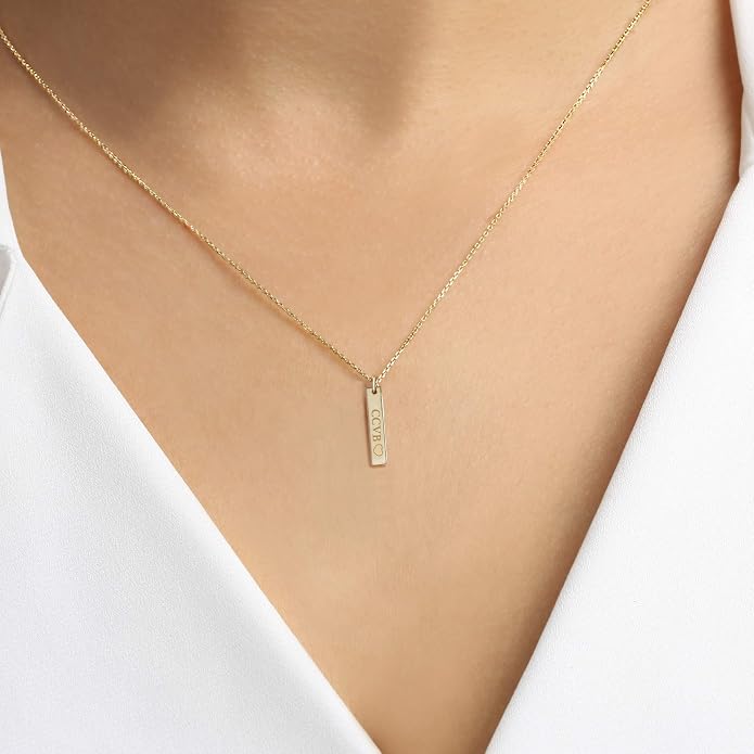 JEWEE DIAMOND Personalized 14k Gold Vertical Name Bar Necklace - Custom Engrave Pendant Gift | Dainty 2cm 3cm 4cm Bar, Handwriting, Coordinates, Baby Name Necklace